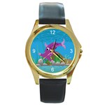 Purple Hammie Fish Round Gold Metal Watch